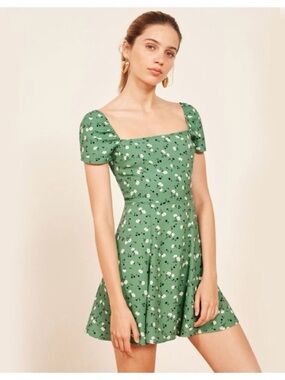 Reformation telluride Green Floral Square-Neck Mini Dress